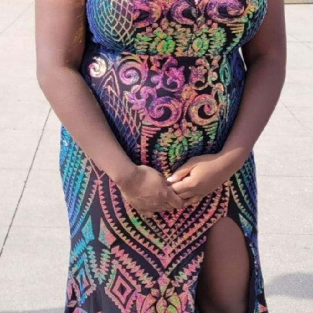 Multi color pink, gold, green, blue semi/formal sleeveless dress. - Picture 2 of 13